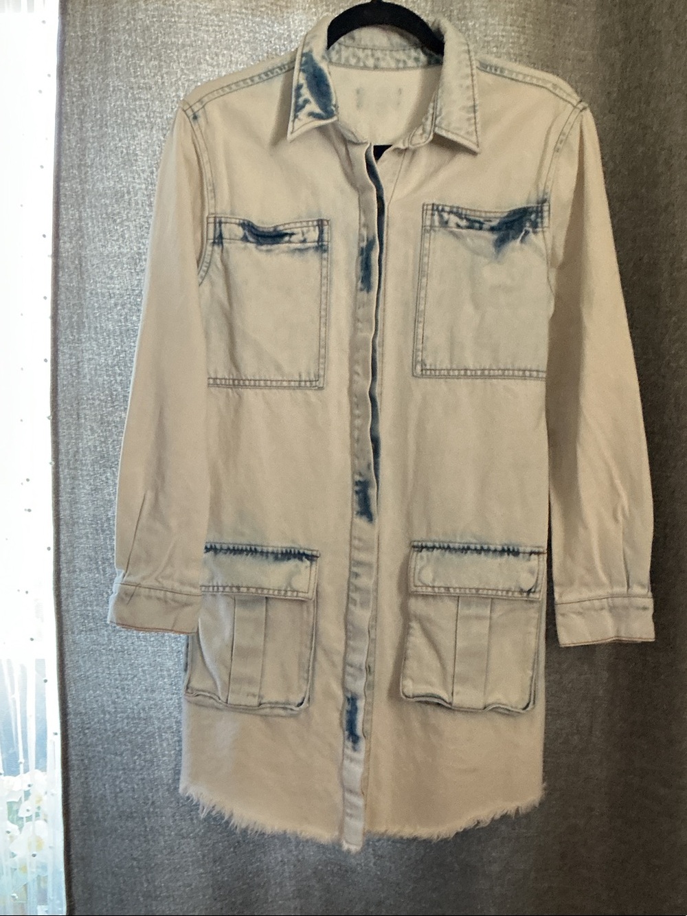 Hand Crafted Beige Long Denim Jacket with Blue Washed Details